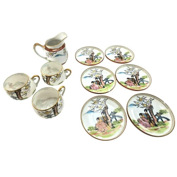 Antique Japanese Kutani Porcelain Tea Set Hand-Painted Geisha Floral Motif je105 - Picture 1 of 12